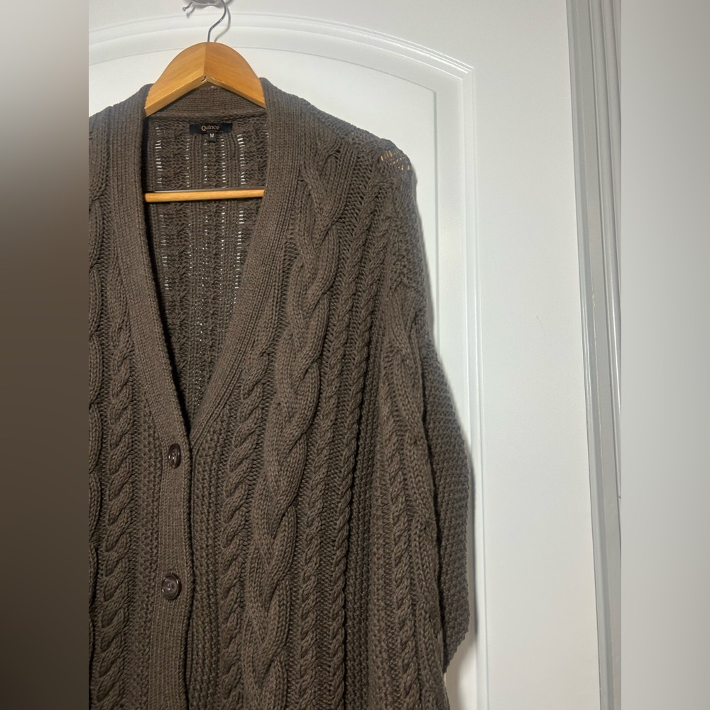 Quince Organic Cotton Oversized Cable Knit Cardigan Brown Size M 90s chic cozy - Picture 6 of 15